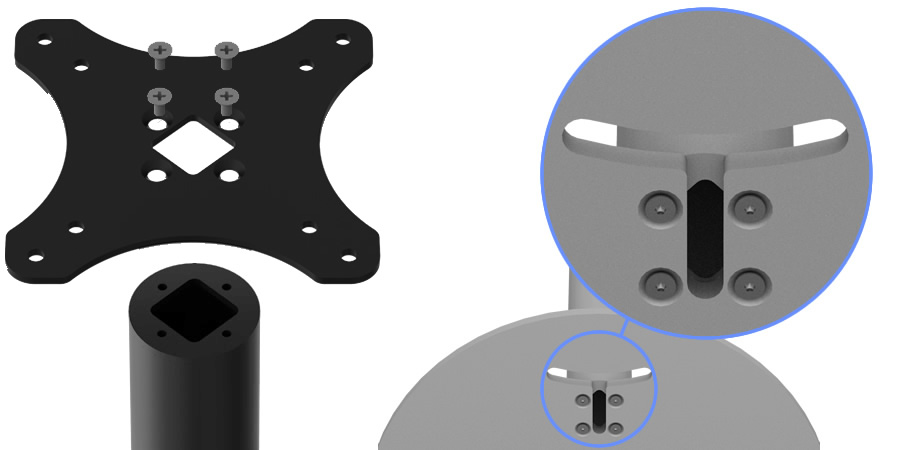 Detailed Views of Thru hole at Top VESA Plate & Bottom Base Piece - Fixed VESA Floor Stand