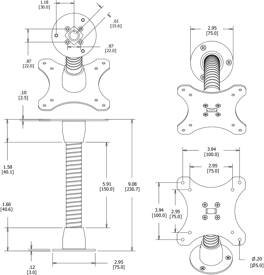 Dimensions - Flexible VESA Surface Mount